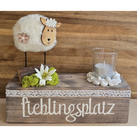 Teelicht Balken "Lieblingsplatz" /Schaf weiss