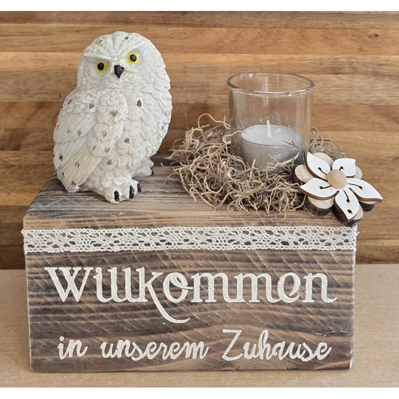 Teelicht Balken "Willkommen " /Eule weiss