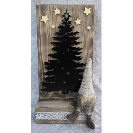 Schild stehend mit Metall Tanne, Led's und Wichtel