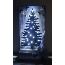 Schild stehend mit Metall Tanne, Led's und Wichtel