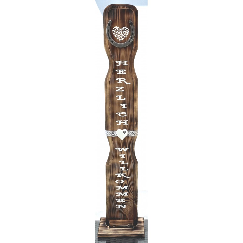 Schild stehend geflammt " Herzlich Willkommen" /Hufeisen