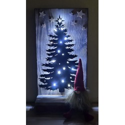 Schild stehend mit Metall Tanne, Led's und Wichtel rot
