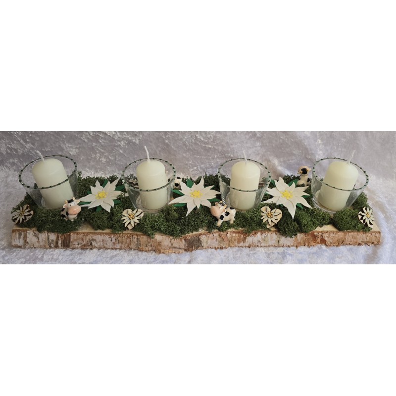 Kerzen Brett Edelweiss und Kühe dunkelgrün