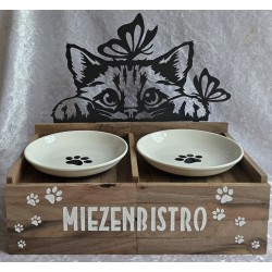 Katzen Futternapf Katzenkopf mit Schmetterlingen/Schoko Eiche
