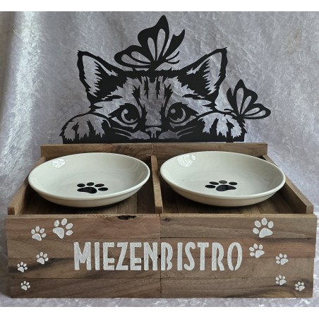 Katzen Futternapf Katzenkopf mit Schmetterlingen/Schoko Eiche