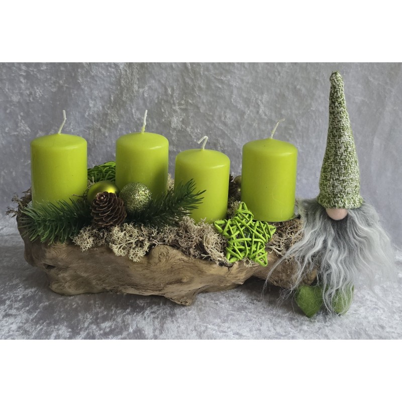 Adventsgesteck mit Wichtel/apfelgrün