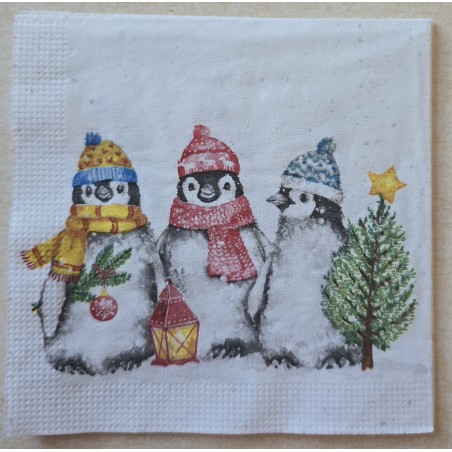 Serviette Drei Pinguine mit Schal und Mütze