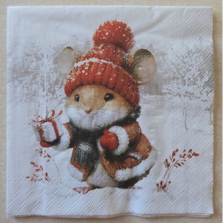 Serviette Maus mit Mütze und Geschenk