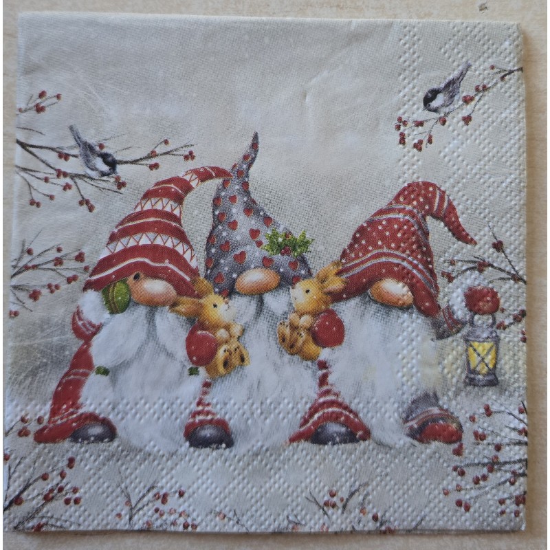 Serviette Drei Wichtel mit Kaninchen
