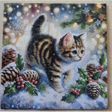 Serviette Katze im Schnee/Tannenzapfen