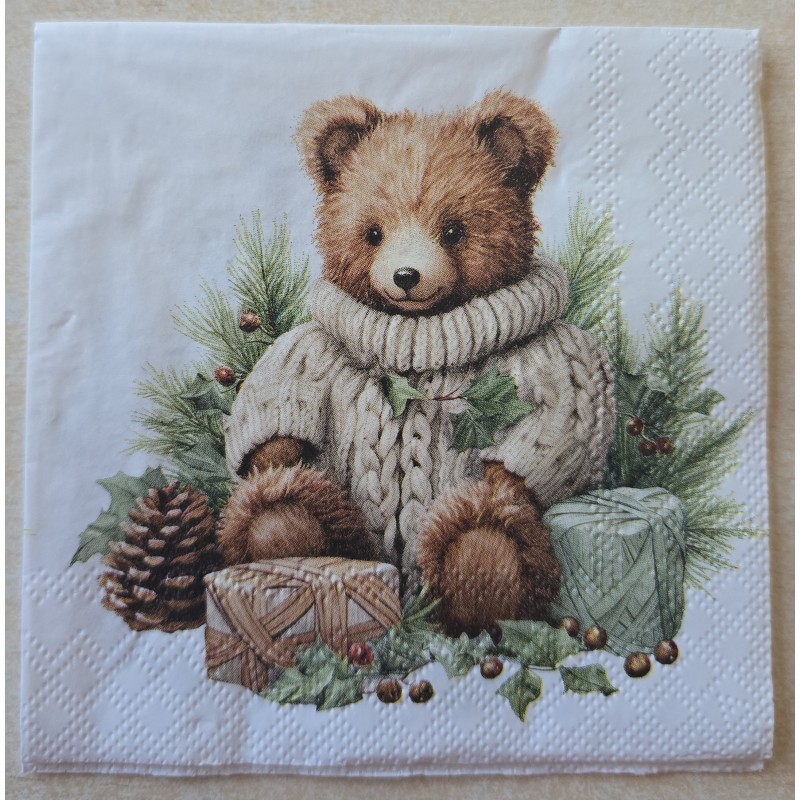 Serviette Teddybär mit Geschenken