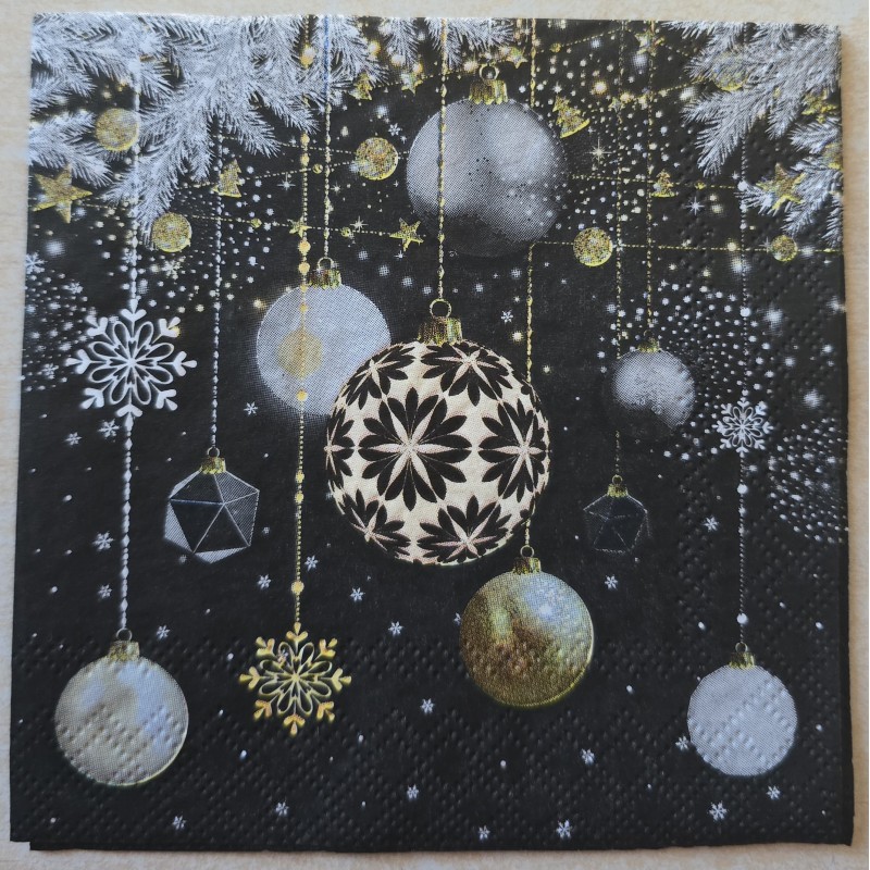 Serviette Weihnachts Kugeln/schwarz-weiss-gold