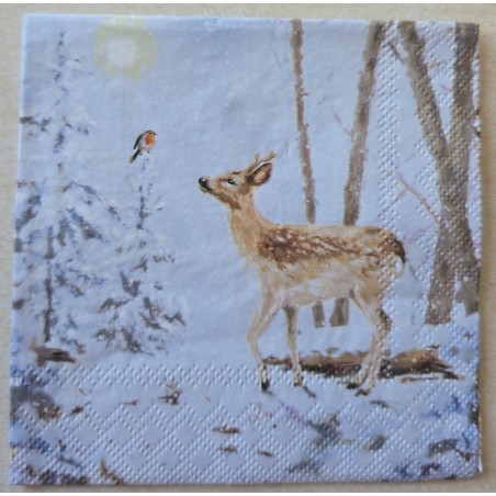 Serviette Reh und Vogel im Schneewald