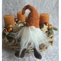 Adventsgesteck Schwemmholz rund Wichtel cognac