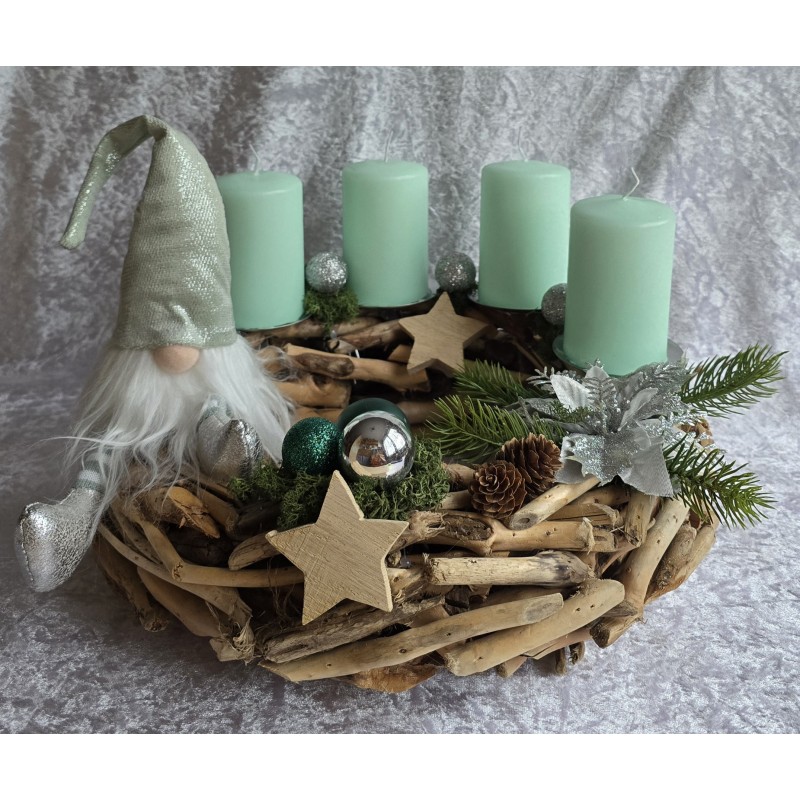 Adventsgesteck Schwemmholz rund Wichtel mint