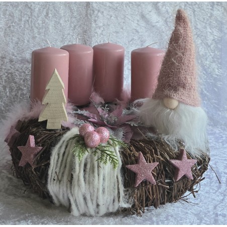 Adventsgesteck Reben rund Wichtel/rosa