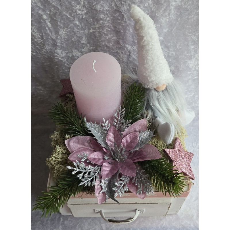 Weihnachts Kiste mit Kerze/Wichtel/rosa-weiss