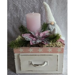 Weihnachts Kiste mit Kerze/Wichtel/rosa-weiss