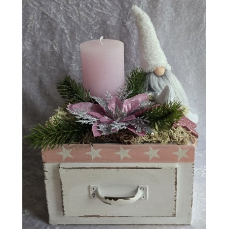 Weihnachts Kiste mit Kerze/Wichtel/rosa-weiss
