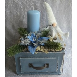 Weihnachts Kiste mit Kerze/Wichtel/blau-weiss