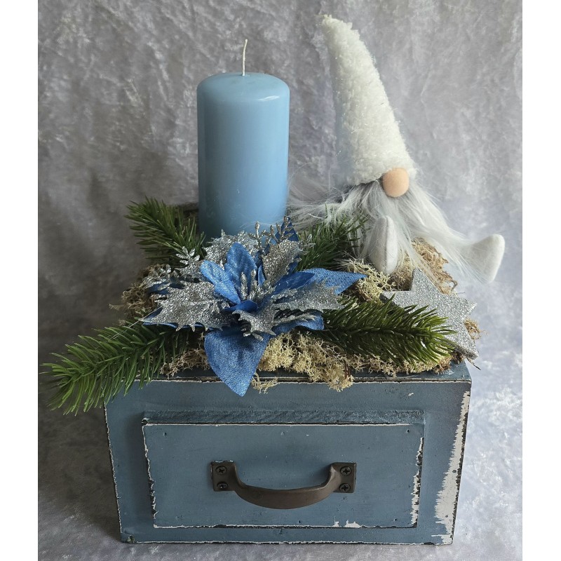 Weihnachts Kiste mit Kerze/Wichtel/blau-weiss