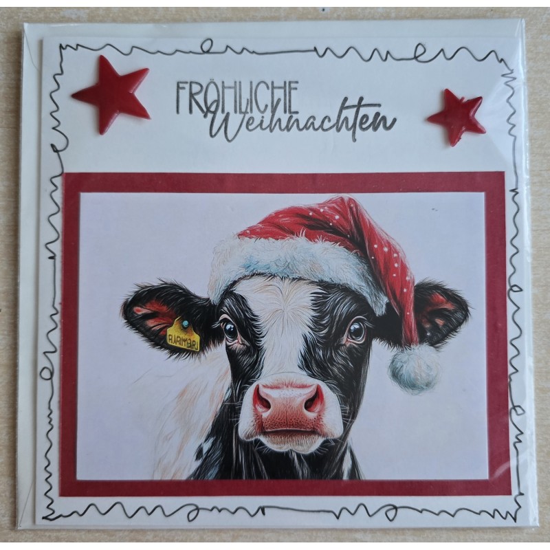 Karte Kuh mit Weihnachtsmütze rot-creme 1