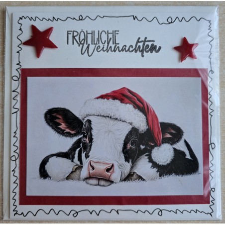 Karte Kuh mit Weihnachtsmütze rot-creme 2
