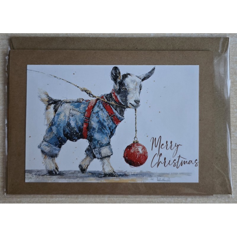 Karte Ziege mit Weihnachtskugel 1
