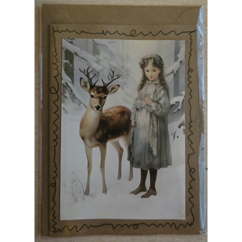 Karte Mädchen und Reh im Winterwald