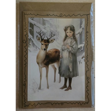 Karte Mädchen und Reh im Winterwald