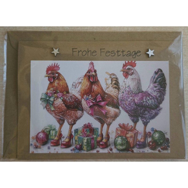 Karte Bunte Weihnachts Hühner und Hähne 1