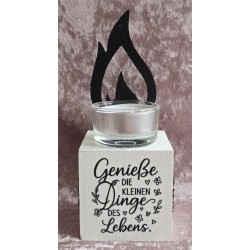 Teelicht mit Flamme "Geniesse die kleinen...." schwarz/weiss