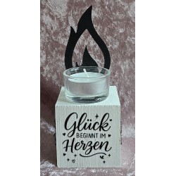 Teelicht mit Flamme "Glück beginnt...." schwarz/weiss