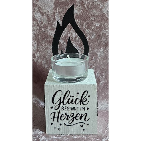 Teelicht mit Flamme "Glück beginnt...." schwarz/weiss