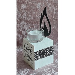 Teelicht mit Flamme "Glück beginnt...." schwarz/weiss