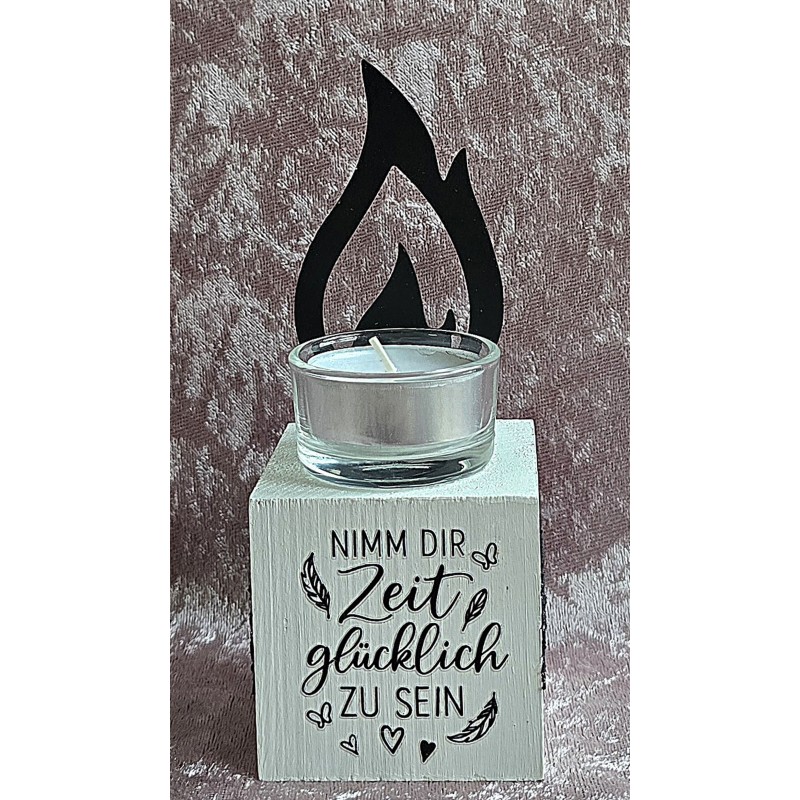 Teelicht mit Flamme "Nimm Dir Zeit glücklich...." schwarz/weiss