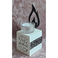 Teelicht mit Flamme "Nimm Dir Zeit glücklich...." schwarz/weiss