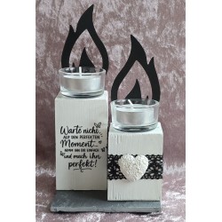 Teelicht mit Flamme 2er Set "Warte nicht...." schwarz/weiss