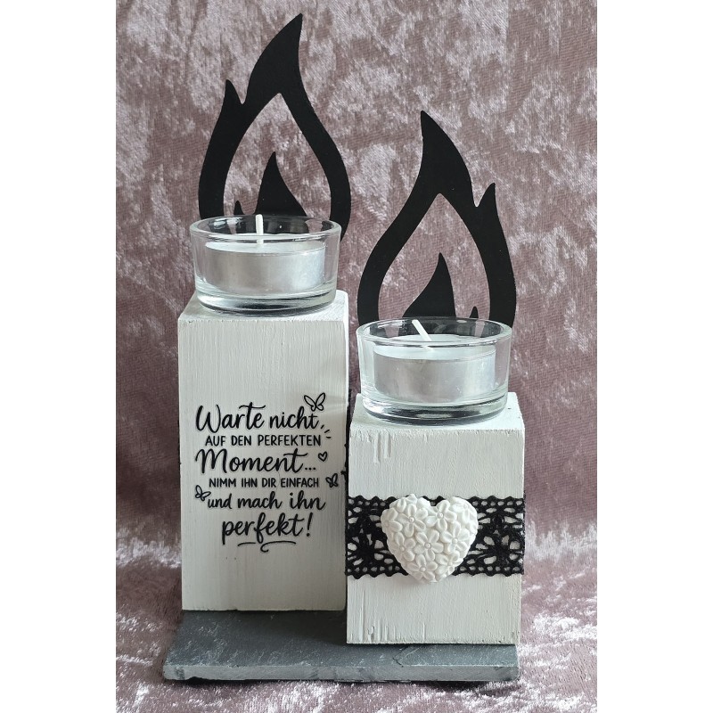 Teelicht mit Flamme 2er Set "Warte nicht...." schwarz/weiss