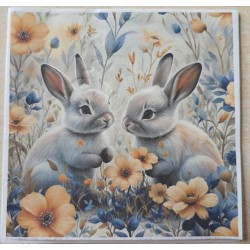 Serviette Zwei Kaninchen/Blumen lachs-blau