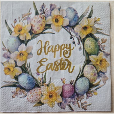 Serviette Happy Easter im Eier/Blumen Kranz
