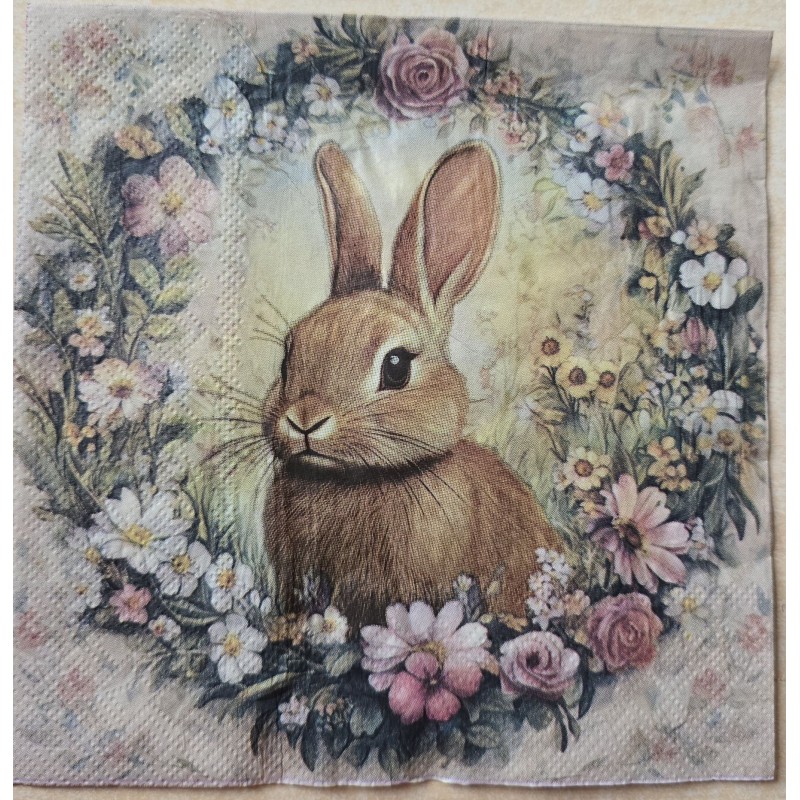 Serviette Kaninchen im Blumenkranz beige-rosa