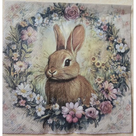 Serviette Kaninchen im Blumenkranz beige-rosa