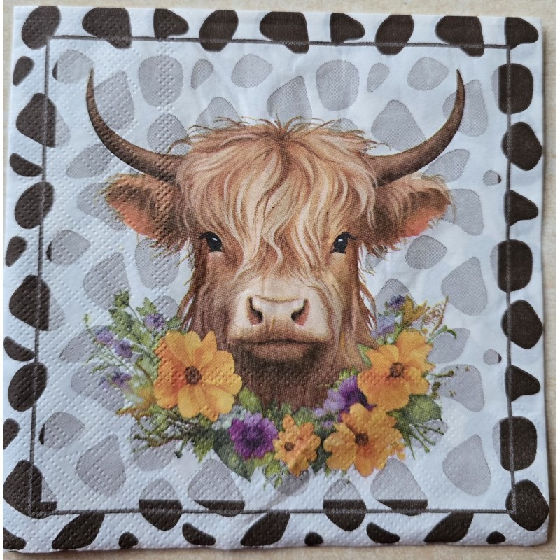 Serviette Hochlandrind Kopf/Blumen