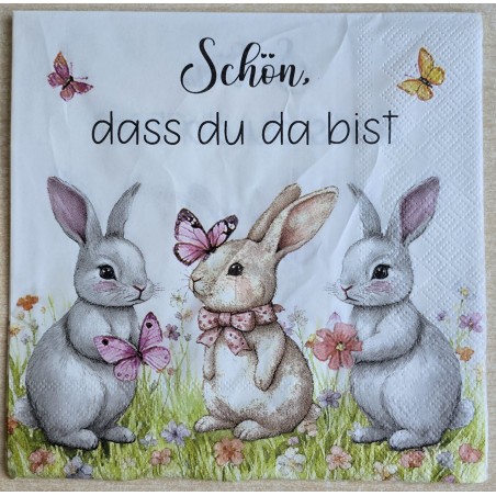 Serviette Drei Kaninchen/Schmetterlinge/Schön, dass Du da bist