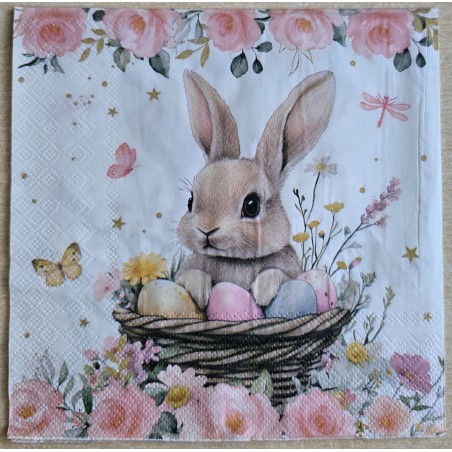 Serviette Kaninchen im Körbchen/Eier/Blumem