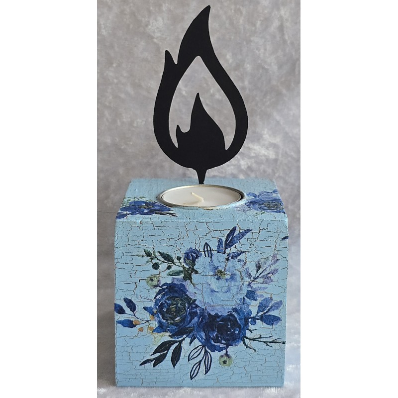 Teelicht mit Metall Flamme Rosen/blau