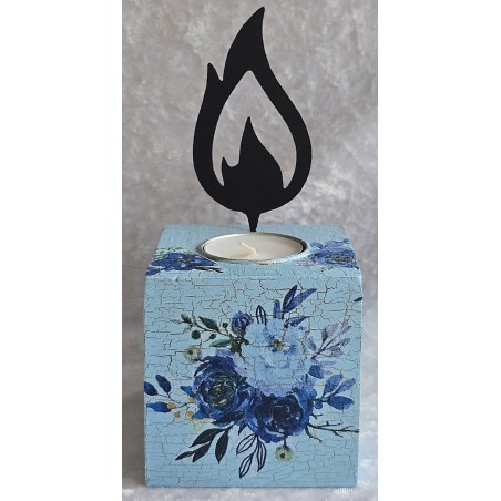 Teelicht mit Metall Flamme Rosen/blau