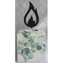 Teelicht mit Metall Flamme Blätter/grün-weiss