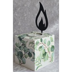 Teelicht mit Metall Flamme Blätter/grün-weiss
